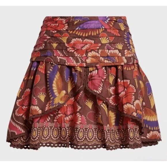 Farm Rio Bright Flora Brown Mini Skirt, Size X-Large - Picture 1 of 5